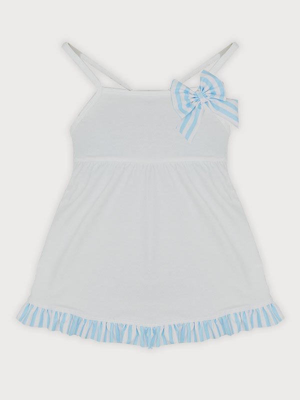 CONJUNTO DE BRAGUITA Y VESTIDO DE BAÑO PARA NIÑA CON LAZO CELESTE DE SARDON